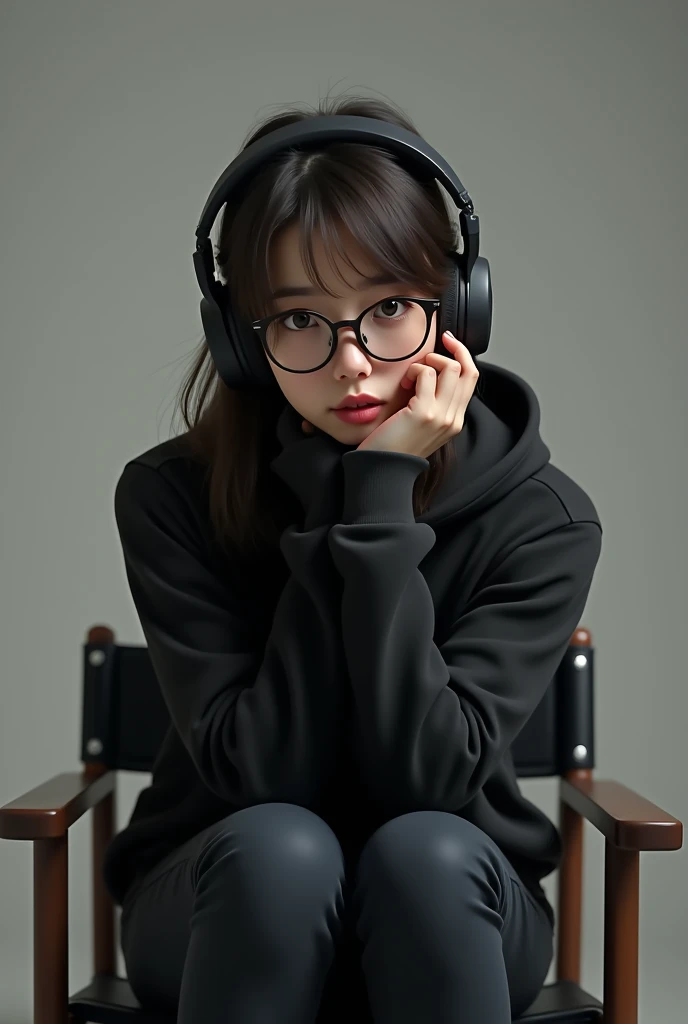 A 18 years old girl with glasses and wear black hoodie and headphone and sitting on
studio chair and watching in camera