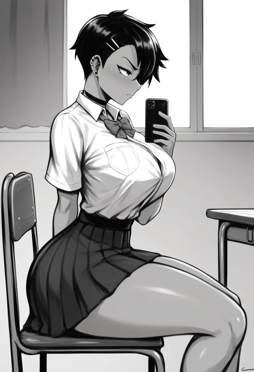 1girl, Monochrome, slightly dark skin, skirt, Japanese high school skirt, tight dress shirt, medium tomboy haircut, medium tomboy hairstyle, sexy soft face, sexual face, extremely feminine face, female jawline, manga style, (angled front side view image, pov front angled side profile view), ((((extremely big breasts, extremely Wide hips, extremely big ass, thick thighs, thicc, busty, big ass)))), black choker, annoyed expression, annoyed face, slightly annoyed expression, crisscross hair clip on left side of hair, subject is looking at phone in right hand, black ear piercing, detailed, masterpiece, 8k image, beautifully detailed, sitting down, sitting on Japanese’s school chair, in club room, interior Japanese high school club room, good hand anatomy, feminine hands, good finger anatomy,