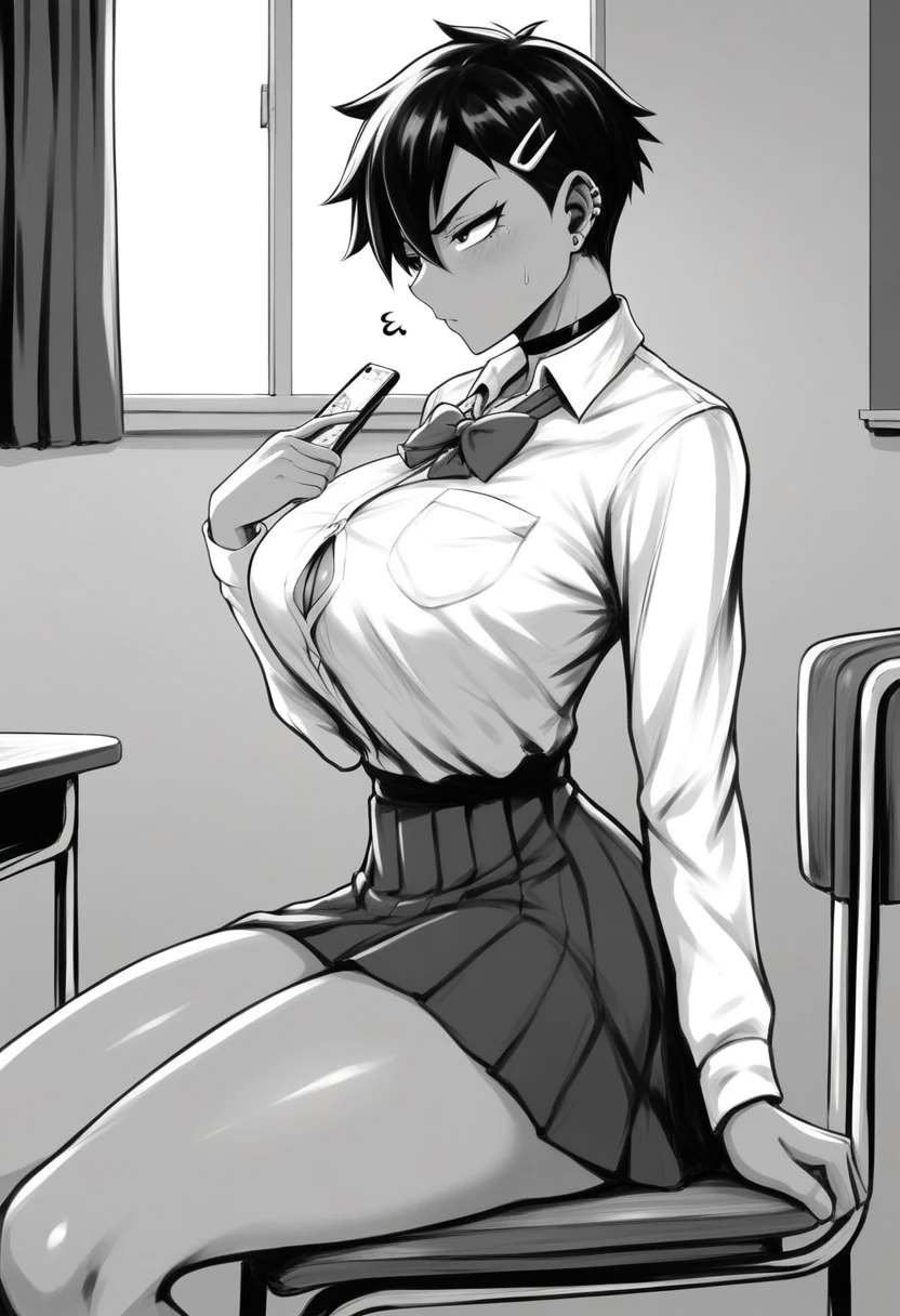 1girl, Monochrome, slightly dark skin, skirt, Japanese high school skirt, tight dress shirt, medium tomboy haircut, medium tomboy hairstyle, sexy soft face, sexual face, extremely feminine face, female jawline, manga style, (angled front side view image, pov front angled side profile view), ((((extremely big breasts, extremely Wide hips, extremely big ass, thick thighs, thicc, busty, big ass)))), black choker, annoyed expression, annoyed face, slightly annoyed expression, crisscross hair clip on left side of hair, subject is looking at phone in right hand, black ear piercing, detailed, masterpiece, 8k image, beautifully detailed, sitting down, sitting on Japanese’s school chair, in club room, interior Japanese high school club room, good hand ???????, feminine hands, good finger ???????, 