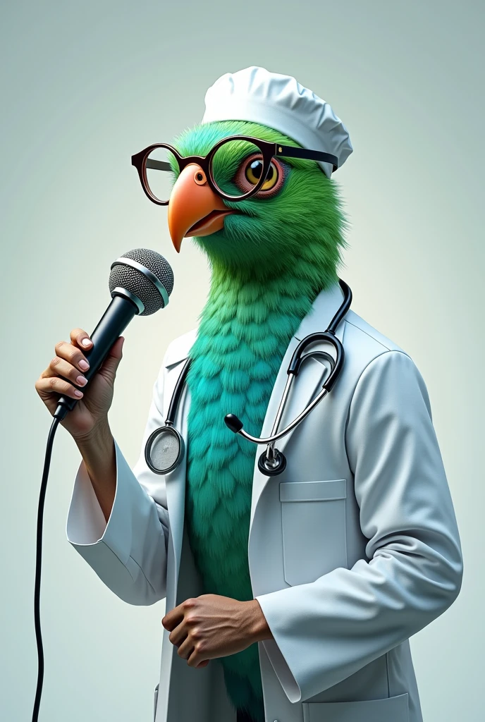 Generate a quetzal that has a doctor's coat, a microphone, glasses and dentist cap