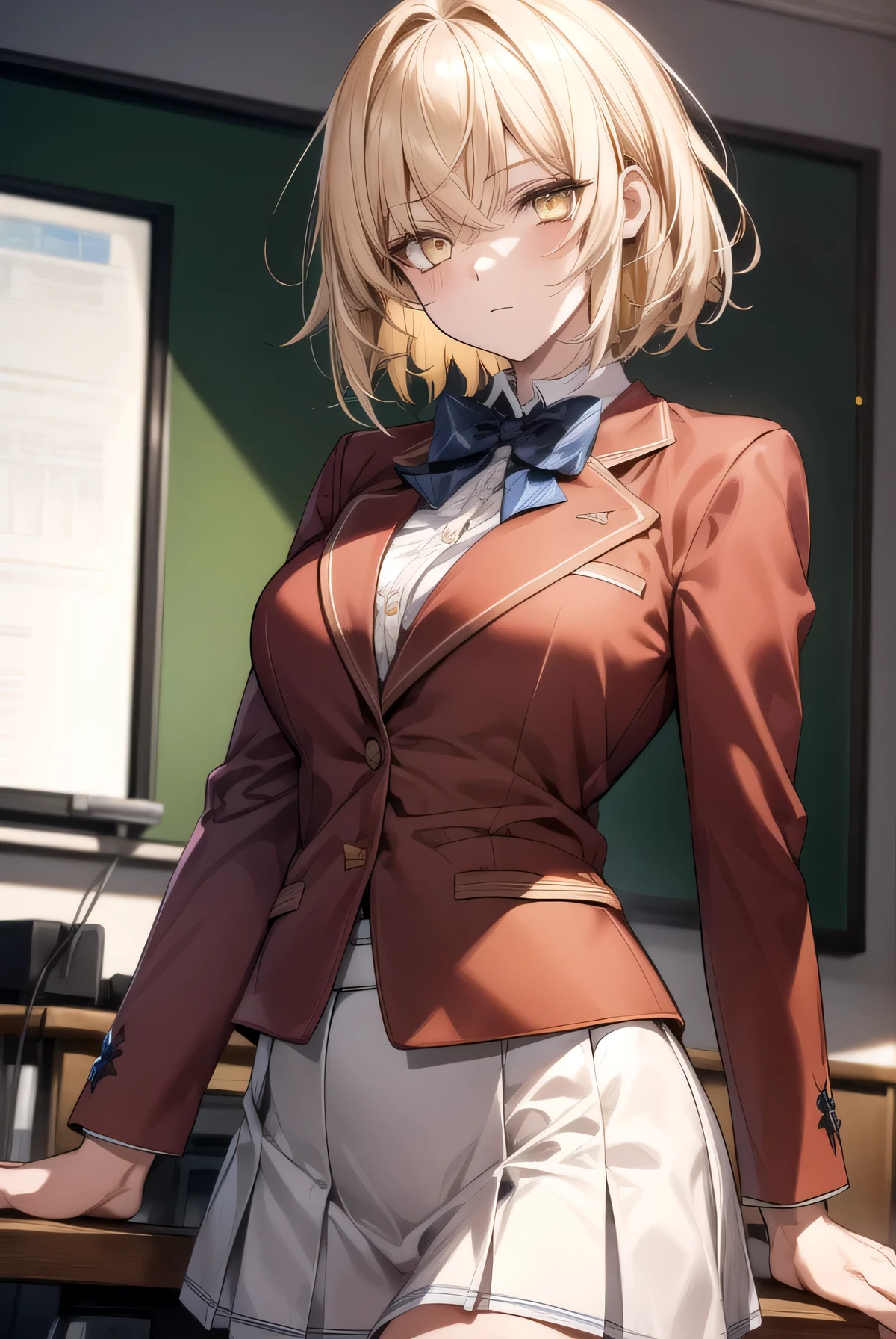 Messy hair, short blonde hair, (yellow eyes:1.3),
BREAK bow, school uniform, jacket, bowtie, blue bowtie, blazer, (red blazer:1.5), skirt, white skirt,
BREAK indoors, classroom,
BREAK thinking, looking at viewer, (cowboy shot:1.5),
BREAK (masterpiece:1.2), best quality, high resolution, unity 8k wallpaper, (illustration:0.8), (beautiful detailed eyes:1.6), extremely detailed face, perfect lighting, extremely detailed CG, (perfect hands, perfect anatomy), cool posture 