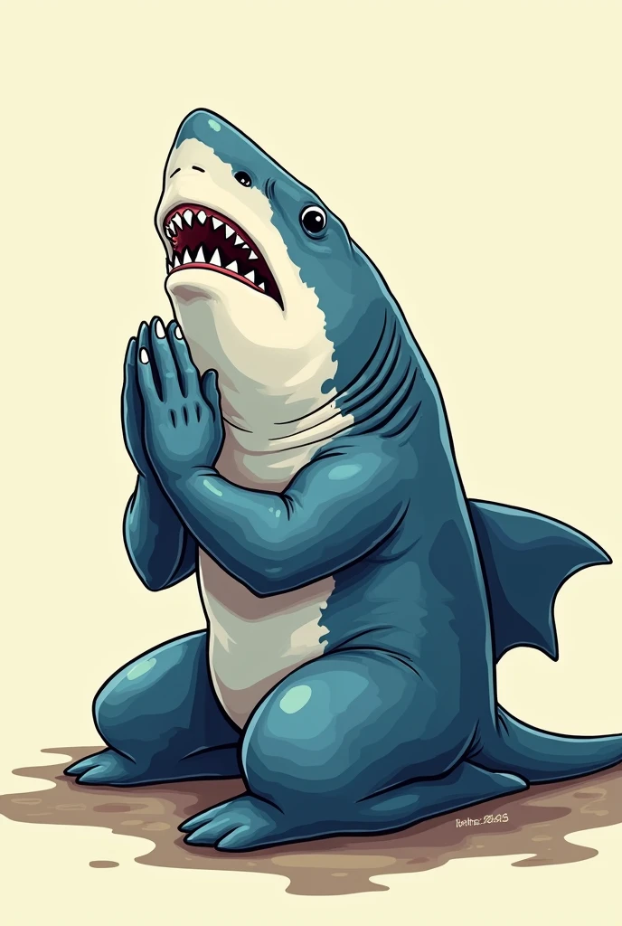 Comic image of a shark praying more realistis Bow down