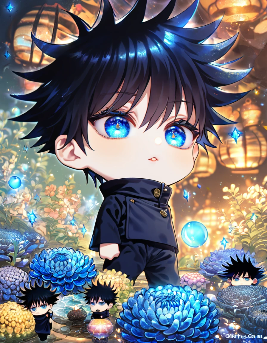 absurdres, highres, ultra detailed, HDR, master piece, best quality, extremely detailed, Fushiguro Megumi chibi, black hair, expressive blue eyes, Jujutsu Kaisen, solo, cute, jujutsu uniform, fantasy, water, sparkling, blue glittering fireflies, blue moon, blue blossoms, blue chrysanthemums, blue sparkling lights, starry sky