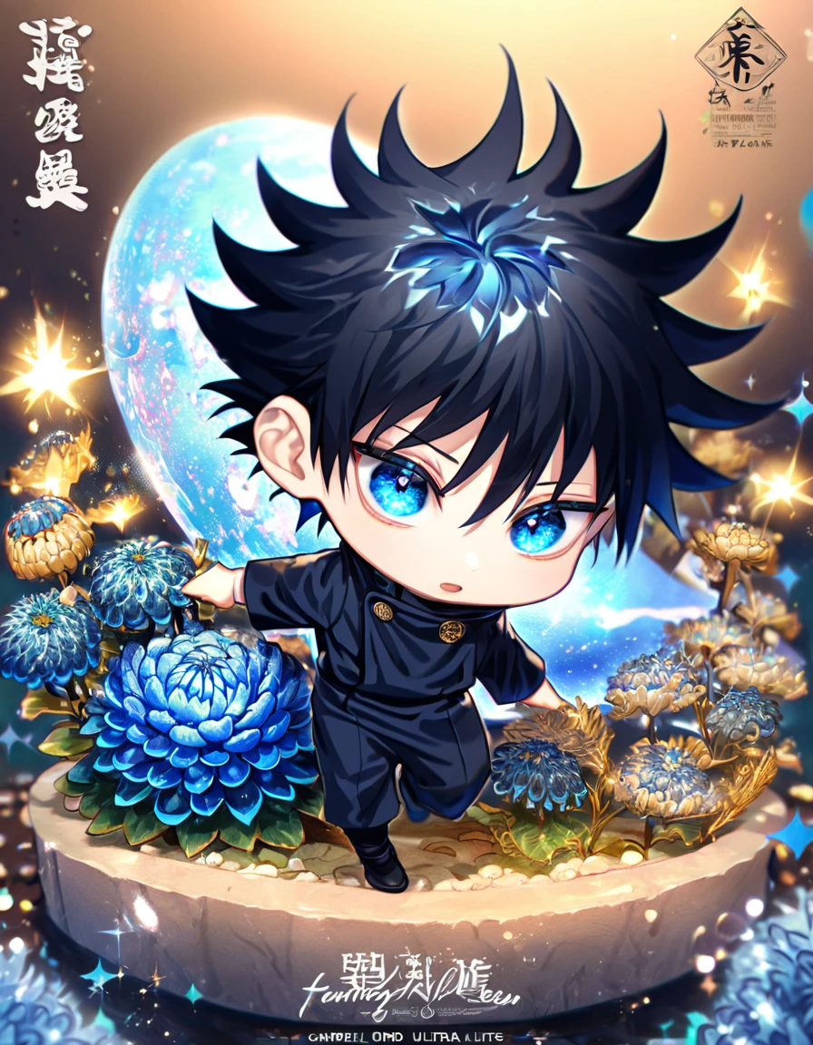absurdres, highres, ultra detailed, HDR, master piece, best quality, extremely detailed, Fushiguro Megumi chibi, black hair, expressive blue eyes, Jujutsu Kaisen, solo, cute, jujutsu uniform, fantasy, water, sparkling, blue glittering fireflies, blue moon, blue blossoms, blue chrysanthemums, blue sparkling lights, starry sky