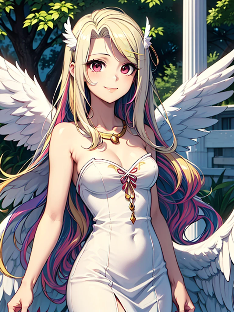 great quality ++ Extremely detailed high resolutionolution, very aesthetic, expressive eyes, (((perfect face))), (((face symmetrical))), ((good anatomy)), (((perfect hands))), (((8k))), UHD, HD wallpaper, (((detailed high cal, (((((1girl)))))), only, masterpiece, The best quality, high resolution, Highly detailed, (illustration), beautiful detailed eyes, (((combatant))), (((1girl))), ((((fulll body)))), (((((((irisviel von einzbern)))))), (((((smile))))), ((humanized princess celestia)), Celestia, Celestia de My Little Poni, Celestia in milf form, long wavy hair, (((red eyes))), (((strapless tube dress))), (((white dress))), (((white pony ears))), (((((wings))))), (((Detailed fingers))), Precise fingers, Not unnatural hands, strange eye, Greek columns, exterior, beautiful majestic forest, vine leaves surrounding the columns, flower bushes everywhere, clear sky, bright sunny day, ((((Multicolored Hair))), heavenly forest, U V