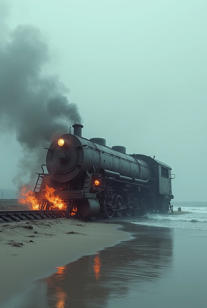(Photo realism) vapor train, crashed on beach, broken, on fire, outdoors, soft lighting, sea in background, realistic, intricate details, cold colors