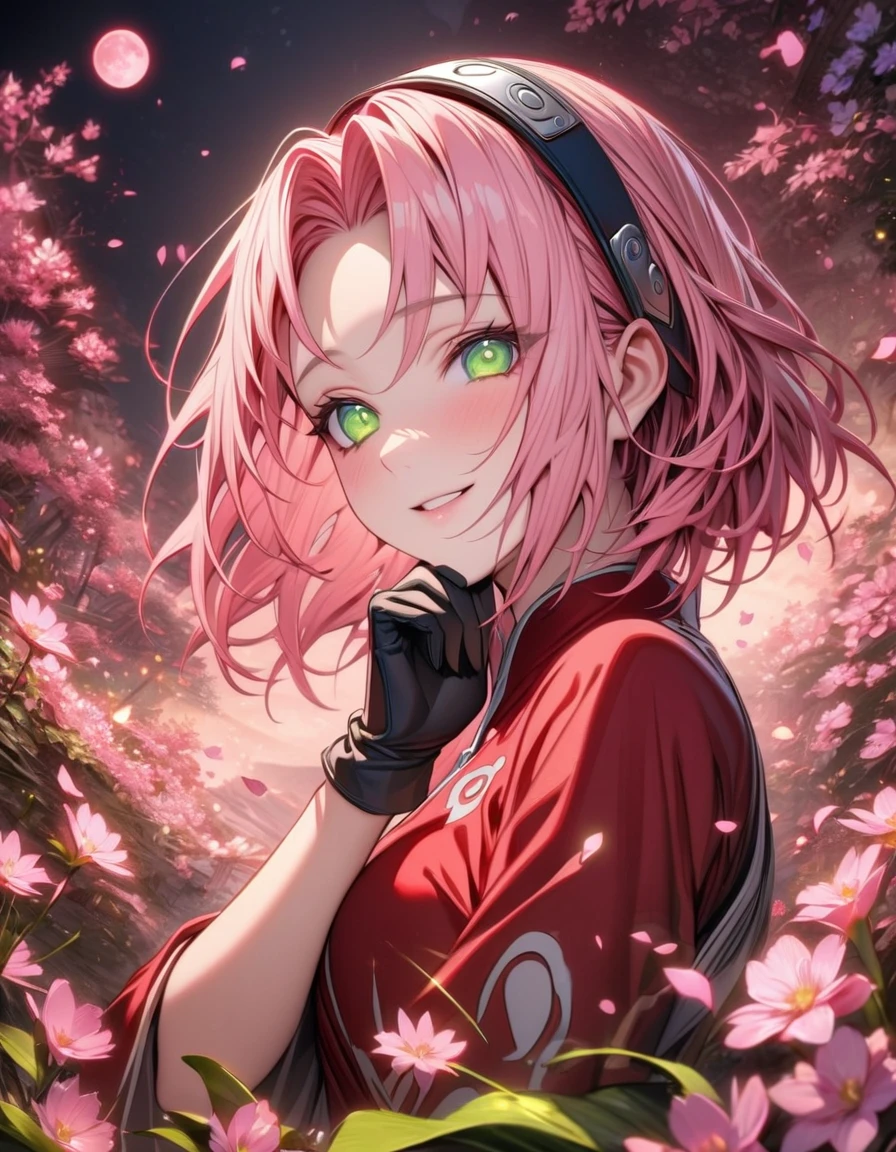 Ultra detailed, highres, absurdres, HDR, master piece, Haruno Sakura, pink short hair, expressive green eyes, Naruto Shippuden, pink flowers, petals, fireflies, pink moon, woman, solo, extremely beautiful, very detailed face and eyes, best quality, red clothes, smiling, black gloves