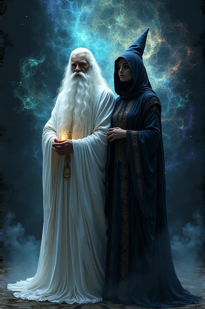 A realistic image of a white wizard next to a witch, mystical image, psychedelic,  black backdrop