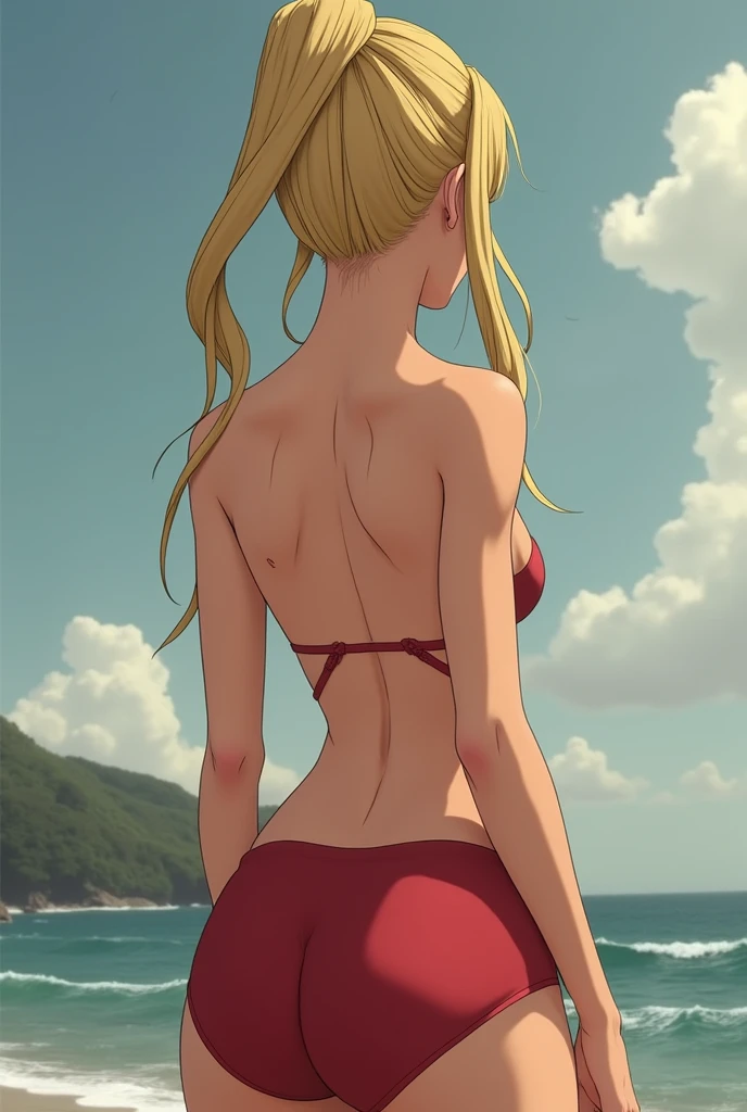 I want a female stripper who dances on the pole, well, a blonde stripper with huge breasts and a giant ass dancing on the pole in a very tight white bikini that shows her pussy with bigger breasts and that she kisses NEARLY that the bravier is wet that she is in that same bikini but with her back like this but another blonde blonde in the back and that she looks like the best porn possible now that she is on all fours like a bitch now animated like an anime series now without the pole that she is sitting in the sand and that her legs are open
