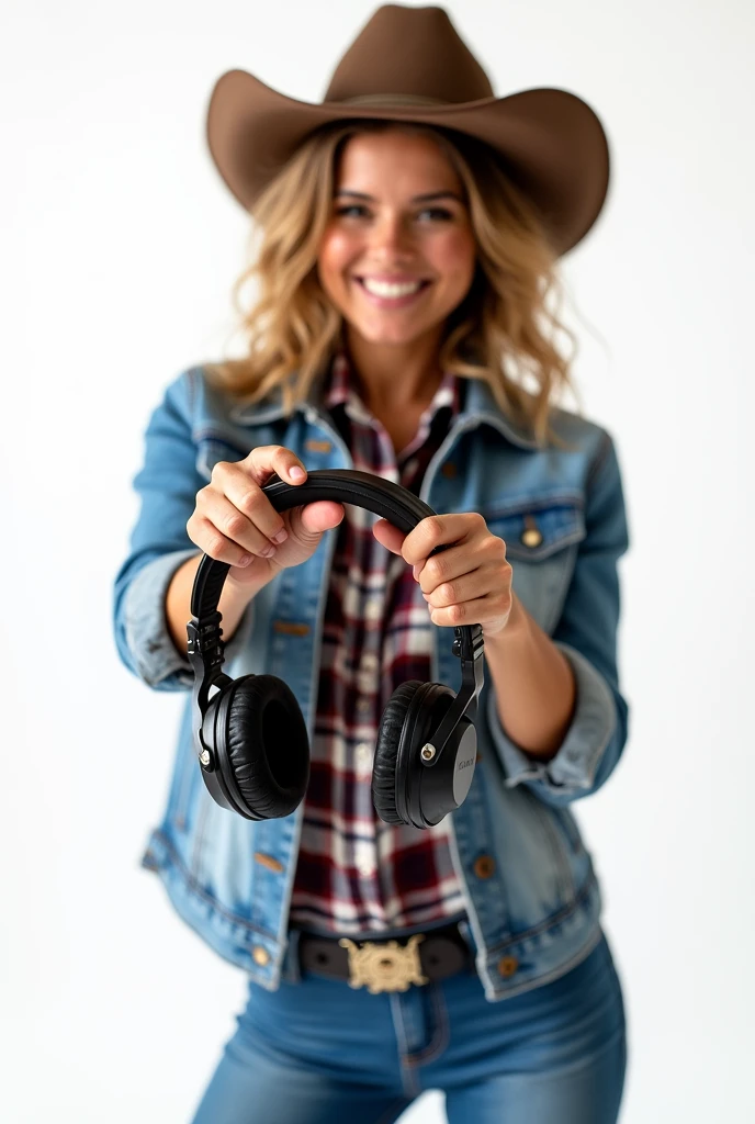I NEED A FEMALE MODEL WHO IS A COWGIRL WITH SOME DJ HEADPHONES IN HER HANDS INDICATED IN FRONT WHO IS HAPPY ON A WHITE BACKGROUND