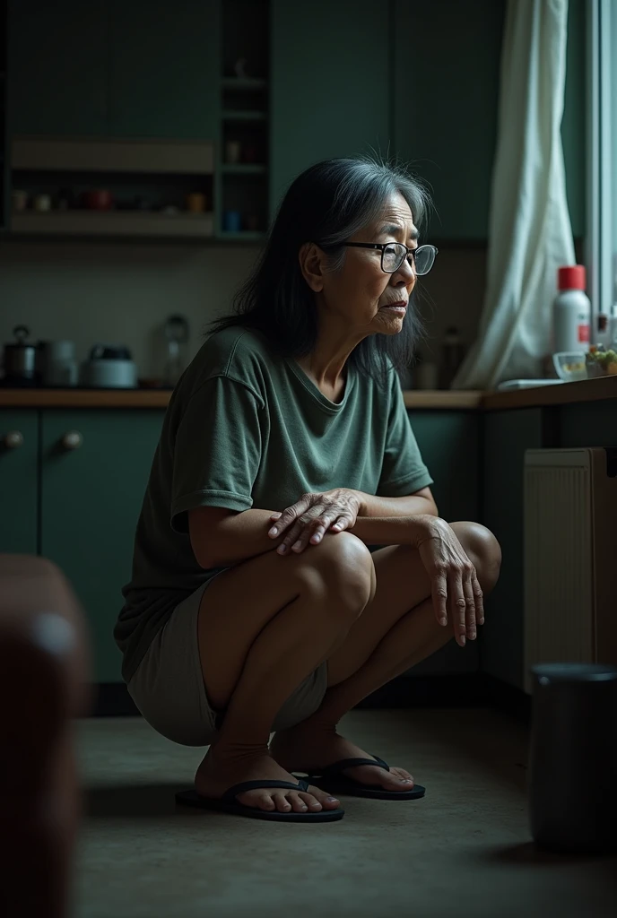 A naked woman aged 65, with a suffering facial expression and strong features, with a big nose, thick eyebrow, weighing 50 kilos, 167 centimeters tall, thick legs and small, saggy breasts and long, black hair. wearing prescription glasses and wearing flip flops. She is seen standing and full body, kneeling and looking slightly upwards. In a humble kitchen at night and with little light.