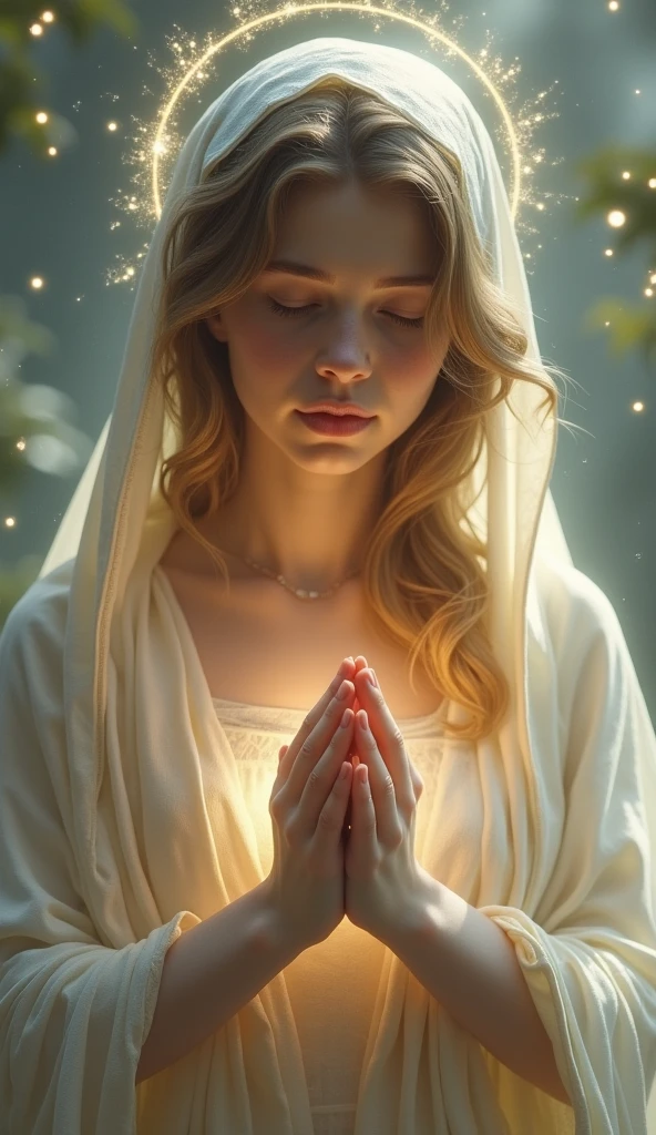 Beautiful young Virgin Mary with open arms looking down at the camera