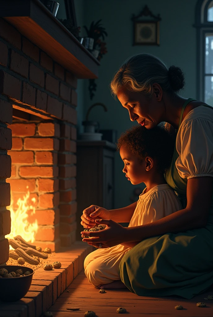 A warm and tender moment between a girl (the narrator) and his maternal grandmother. the grandmother, a strong and resilient figure, She is kneeling by a fireplace late at night, baking cookies. The firelight softly illuminates the room, projecting warm tones on their faces. The girl, sitting next to him, He looks at his grandmother with admiration and love, holding a piece of a freshly baked cookie. In the background, You can feel the fatigue and hard work, perhaps with the faint outline of the rest of the house in the dark, indicating the late hour. The atmosphere should evoke feelings of both warmth and sadness., highlighting the grandmother's strength and hope despite the heavy burden of slavery.
This image would capture both love and resilience in the face of adversity., which is a central theme in those who are under slavery