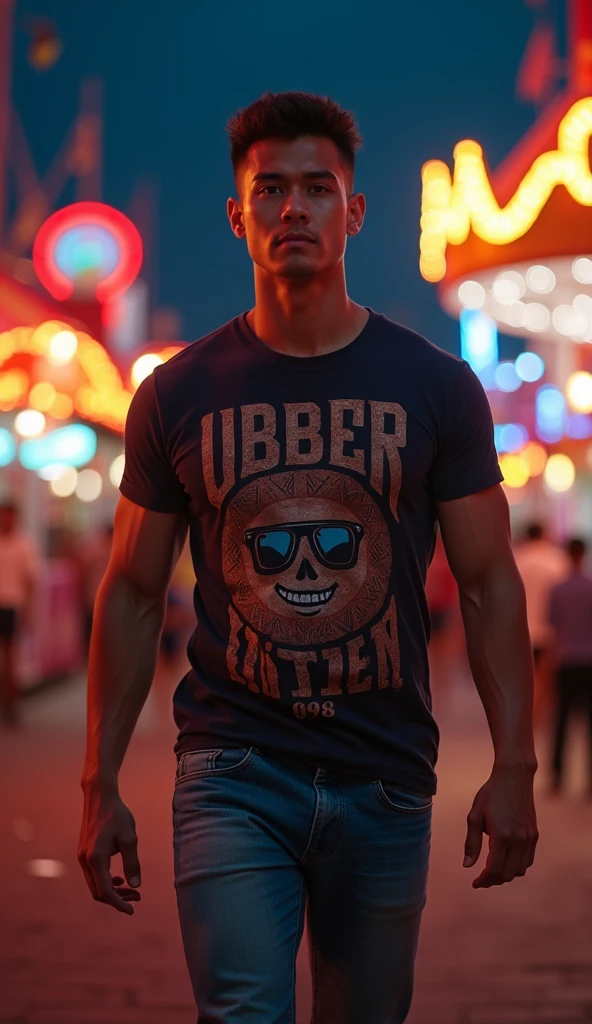 photorealistic, best quality, masterpiece, extremely detailed, sexy, homoerotic, extremely handsome, youthful good looks, 25 year old indonesian man, very muscular bodybuilder, fitted graphic print tshirt, tight jeans, big smile, happy, walking around funfair carnival, at midnight, ambient lighting, dramatic shadows, extremely romantic atmosphere, perfect face, perfect fingers, perfect hands, perfection