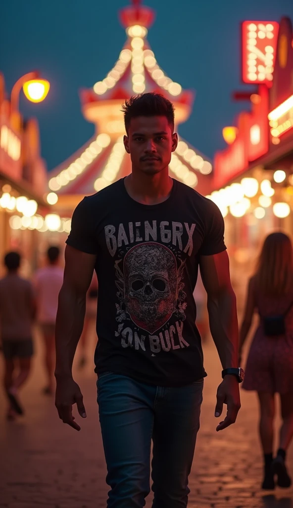 photorealistic, best quality, masterpiece, extremely detailed, sexy, homoerotic, extremely handsome, youthful good looks, 25 year old indonesian man, very muscular bodybuilder, fitted graphic print tshirt, tight jeans, big smile, happy, walking around funfair carnival, at midnight, ambient lighting, dramatic shadows, extremely romantic atmosphere, perfect face, perfect fingers, perfect hands, perfection