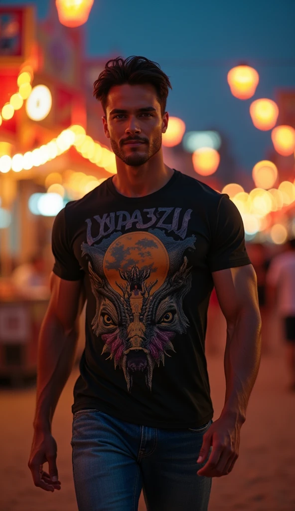 photorealistic, best quality, masterpiece, extremely detailed, sexy, homoerotic, extremely handsome, youthful good looks, 25 year old indonesian man, very muscular bodybuilder, fitted graphic print tshirt, tight jeans, big smile, happy, walking around funfair carnival, at midnight, ambient lighting, dramatic shadows, extremely romantic atmosphere, perfect face, perfect fingers, perfect hands, perfection