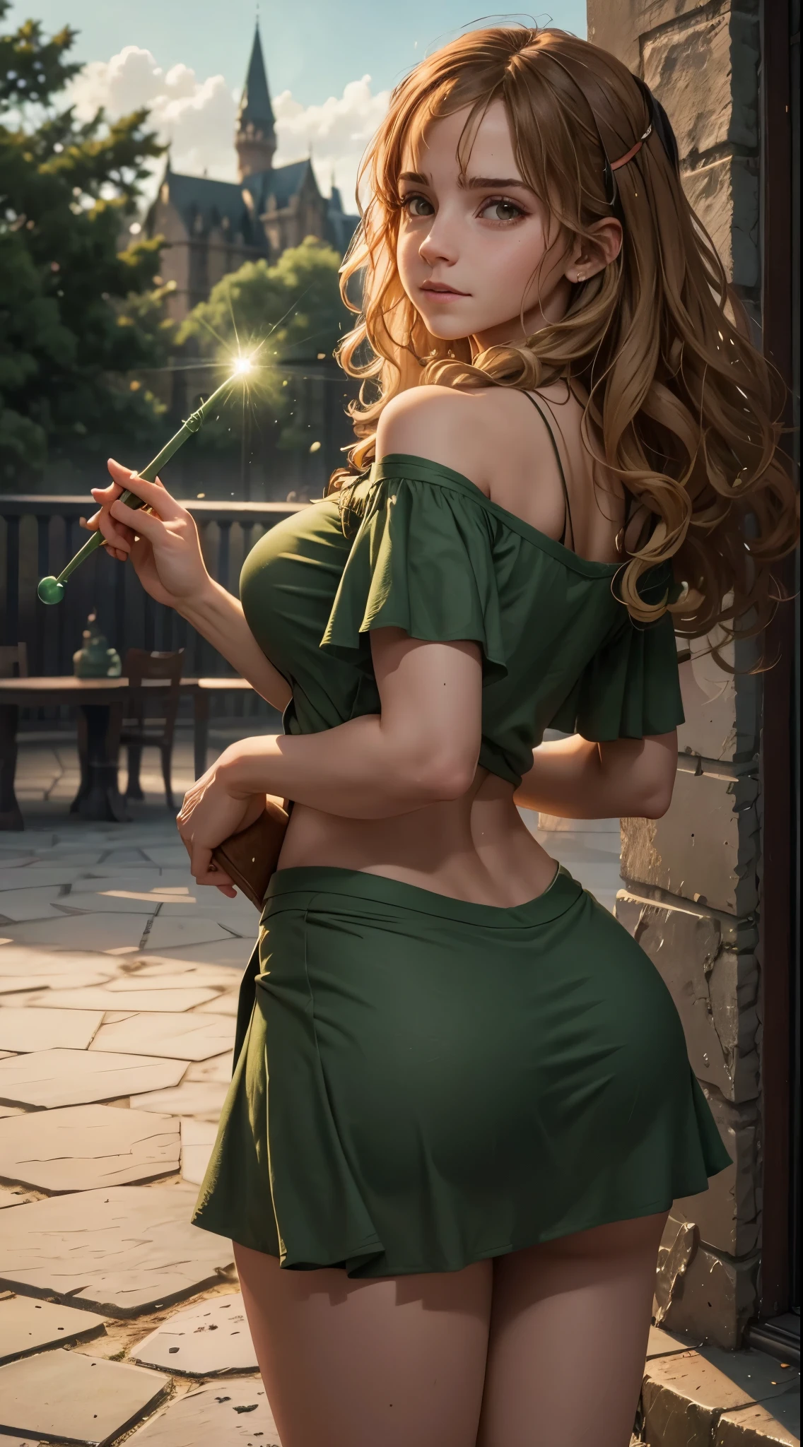 Hermione. Magic wand, casting green spell. Busty. Booty