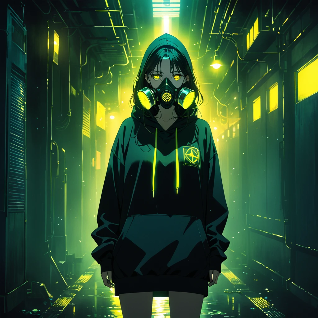 in a dark setting, a woman stands with her hands in her pockets, wearing an oversized hoodie and a gas mask. Her hoodie and sneakers have bright yellow neon accents, providing a subtle glow in the darkness. The woman's face is partially obscured by the gas mask and the hoodie, adding a mysterious atmosphere. The style of the illustration is anime.
yellow eyes,
High resolution, masterpiece, accurate, bestquality, High detail, high quality, Very detailed, dark,longhair