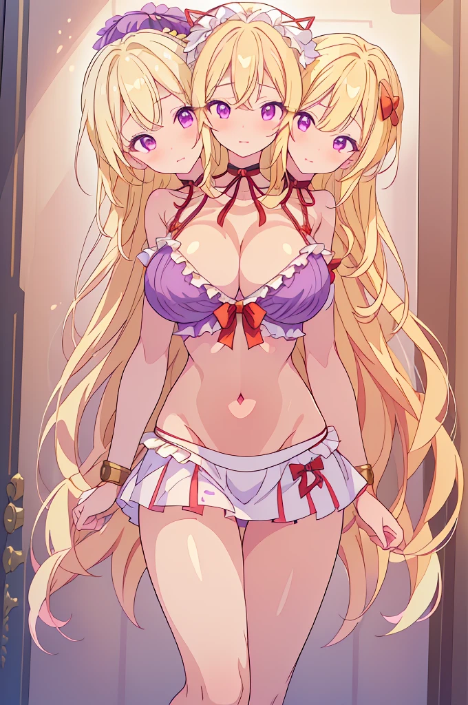 (masterpiece, best quality), best quality, (ultra-detailed), (3heads:1.5), 1girl, (yakumo yukari:1.3), masterpiece, best quality, ultra quality, ultra resolution, ultra detail, purple top, crop top, ((stomach)), midriff, ((groin)), purple skirt, frilled skirt, normal ears, shackles, blonde hair, (same hair color), very long hair, wavy hair, sidelocks, purple eyes, parted lips, open belly, smiling, smirk, cute, toned belly, hand on own chest, eyelashes, (24 year old woman:1.3), (masterpiece:1.5), (best quality:1.5), (beautiful detailed), extremely detailed CG, extremely delicate and beautiful, depth of field, (finely detailed face), (perfect details:1.2), (mature female:1.3), wide pelvis, slender, large veiny breast, 16k resolution, highres, high quality, high definition, extremely detailed, masterpiece, best quality, blonde hair, long hair, alluring presence, braid, short skirt, close up, very big tits, huge breasts, young, frills, hat, hat ribbon, midriff, nsfw, ((blonde)),
