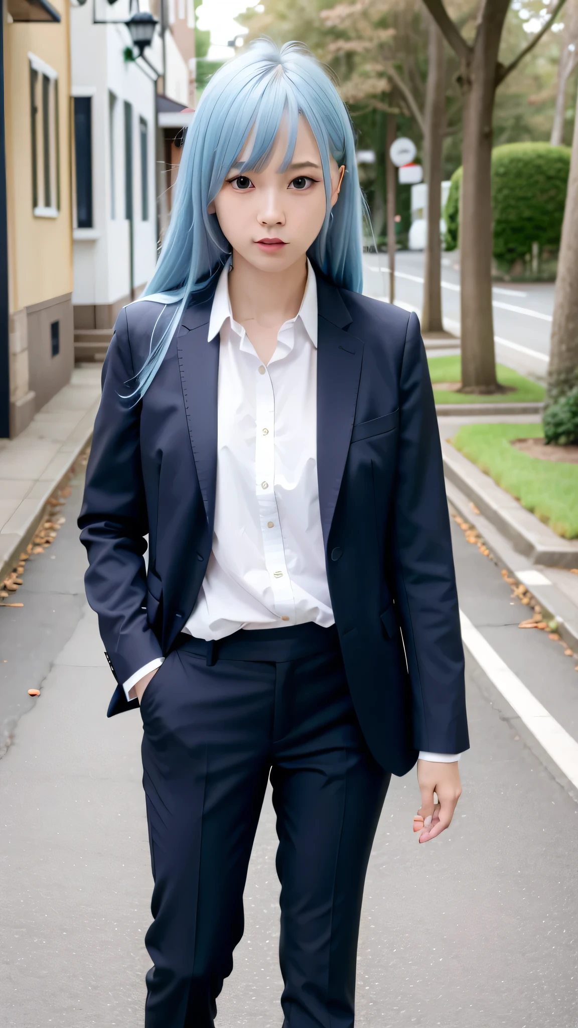 expensive body, expensive, Long legs, mature female, mature, Adult, The eff_wait_Cane, One person, alone, Light blue hair, tie, Long Hair, View your viewers, black tie, blue eyes, shirt, Upper Body, bangs, Jacket, white shirt, formal, collared shirt, Mouth closed, suit, blunt bangs, school uniform、slacks、Jacketのボタンは閉じて。