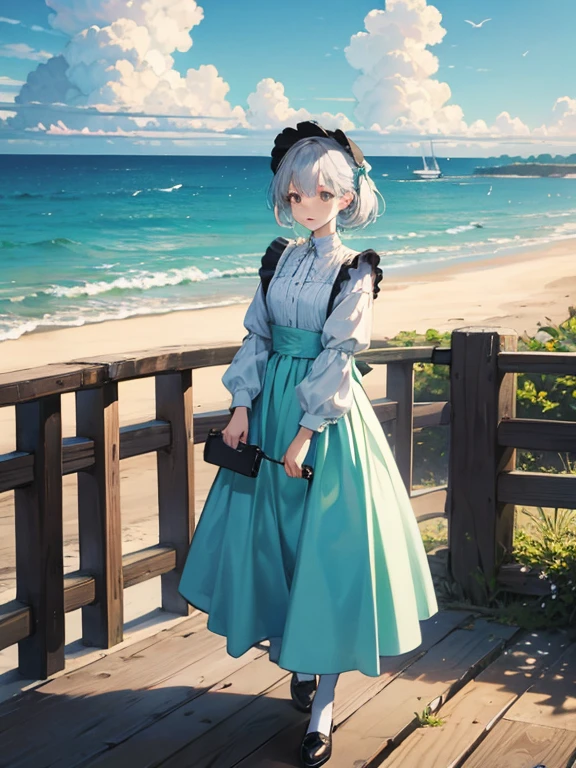 Pastel tones、High definition、Anime-like、The ocean can be seen beyond the gentle hills、High and blue sky、A shining white cumulonimbus cloud、Boardwalk、(A young lady with silver hair, a half-green outfit, a long skirt and a cardigan, wearing a wide-brimmed white hat)and(A maid in classical maid outfit wearing a bonnet)Walk together