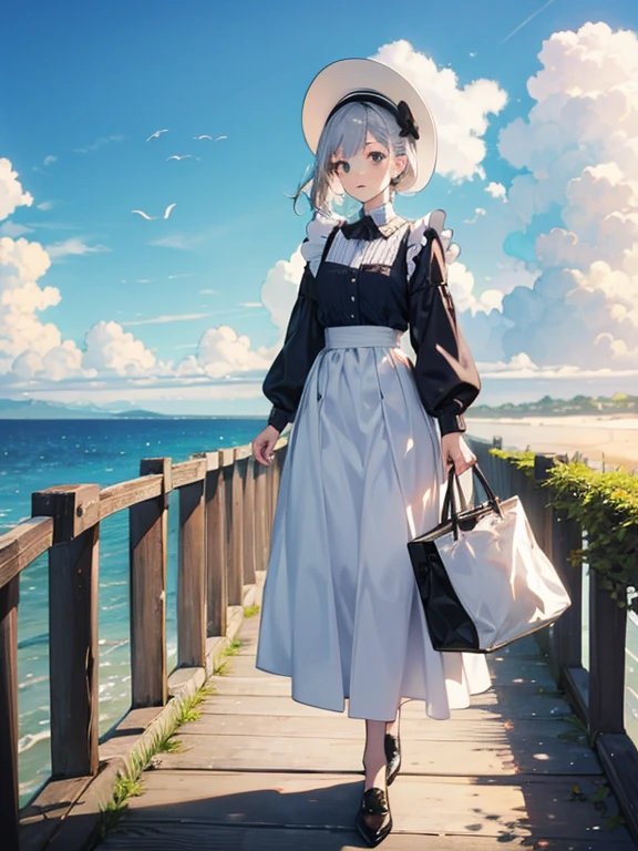 Pastel tones、High definition、Anime-like、The ocean can be seen beyond the gentle hills、High and blue sky、A shining white cumulonimbus cloud、Boardwalk、（A young lady with silver hair, a half-green outfit, a long skirt and a cardigan, wearing a wide-brimmed white hat）and（A maid in classical maid outfit wearing a bonnet）Walk together