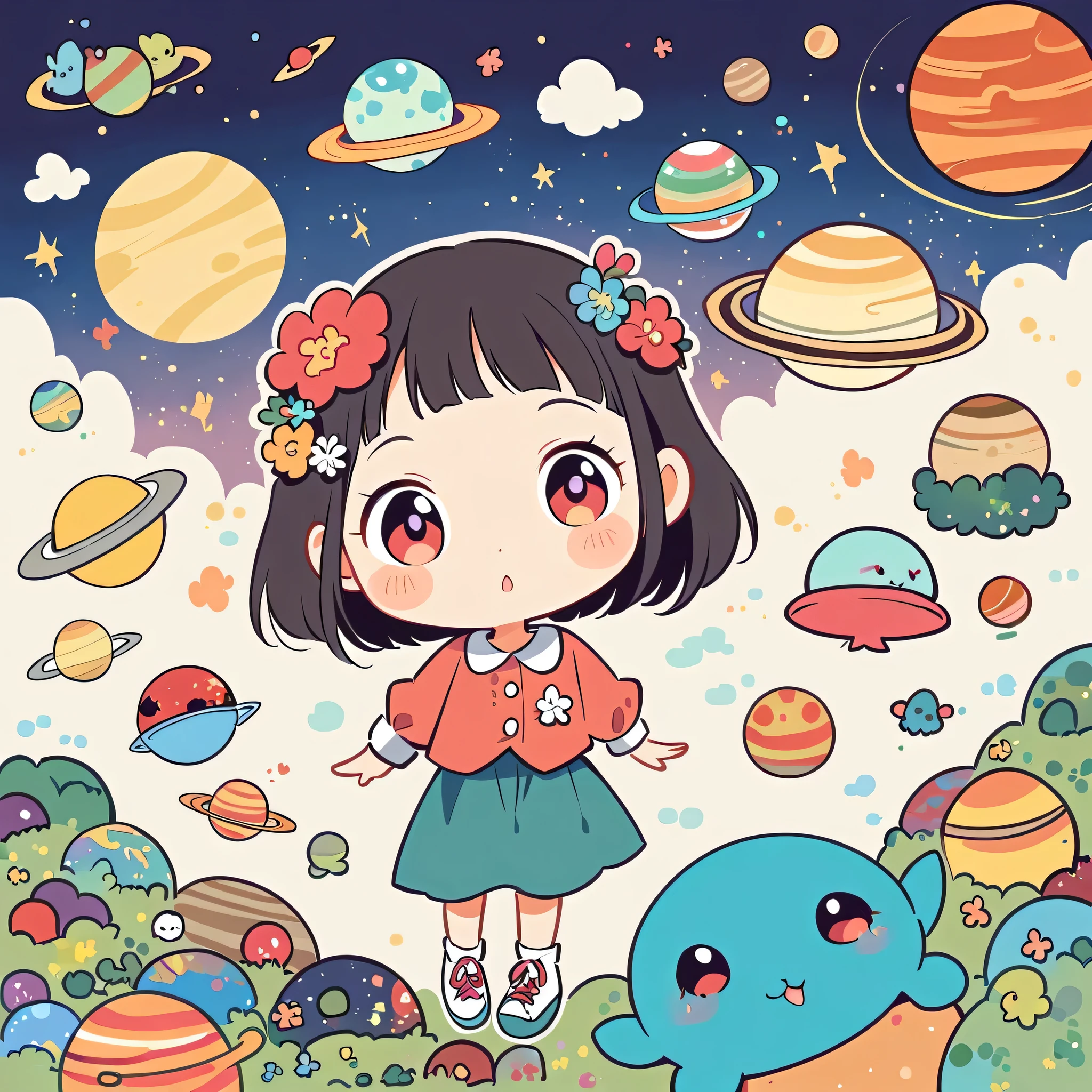 Hayao Miyazaki style, Kawaii Design, most beautiful girl ever、chibi, (((earthquake))), Lots of cute aliens, Saturn in the background