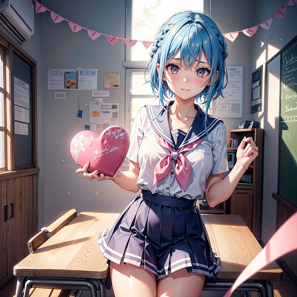 Sky blue hair,Braided short hair,Pink Eyes,Fair skin,whole body,one person,Embarrassed,The background is a school classroom,((I love you lettering on a blackboard)),(Heart-shaped chocolate),(Hands it forward with both hands),Sailor suit,valentineday,masterpiece, Highest quality, Very detailed, Best Shadow,Detailed Background,Beautifully detailed face,High Contrast,Best lighting,Very delicate and beautiful,Cinematic Light,Hyper Detail,8k,Dramatic Light, Intricate details,