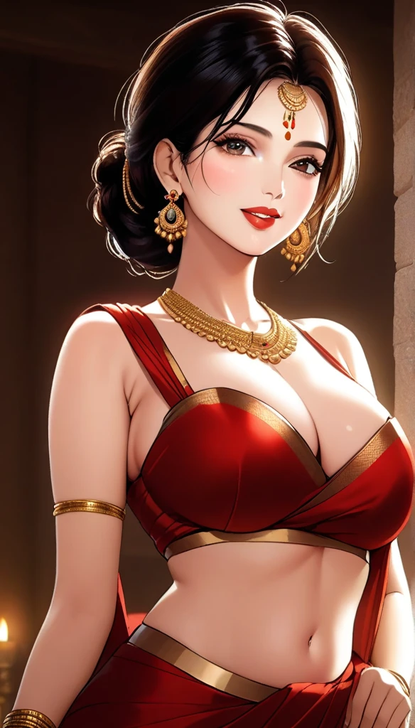 A beautiful mature woman in a ancient plain silk saree, intricate jhumka earrings, detailed alluring eyes, smooth lips, smiling, red lipstick, exposed navel, bangles,  saggy breasts, photorealistic, 8k, high quality, masterpiece, cinematic lighting, vibrant colors, intricate details, short messy hair