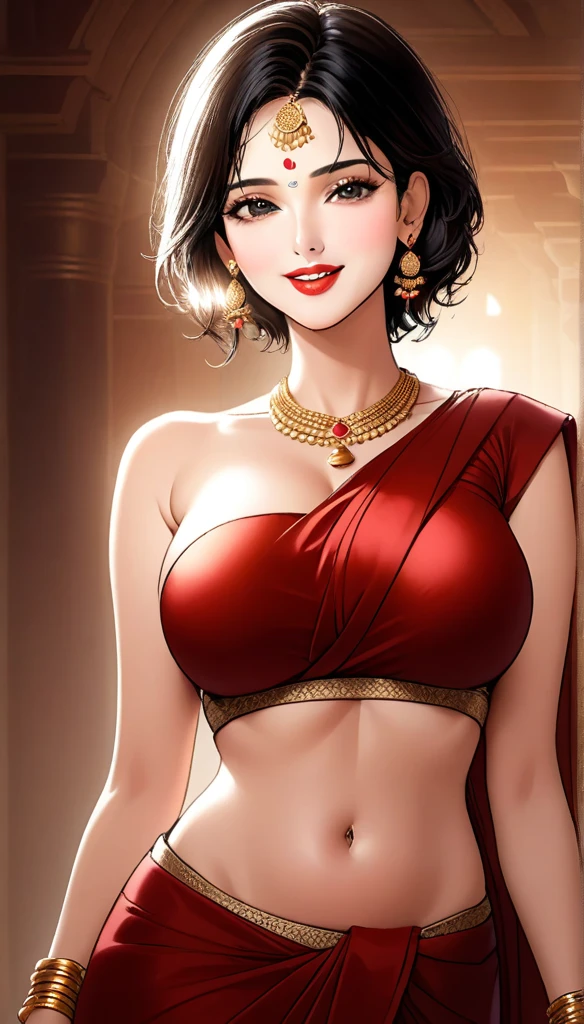 A beautiful mature woman in a ancient plain silk saree, intricate jhumka earrings, detailed alluring eyes, smooth lips, smiling, red lipstick, exposed navel, bangles,  saggy breasts, photorealistic, 8k, high quality, masterpiece, cinematic lighting, vibrant colors, intricate details, short messy hair