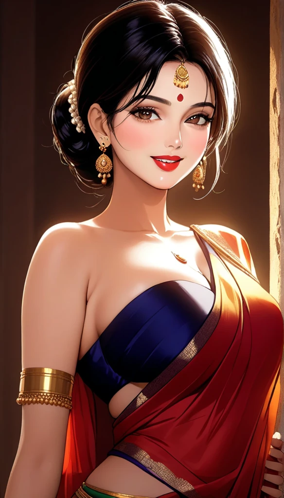 A beautiful mature woman in a ancient plain silk saree, intricate jhumka earrings, detailed alluring eyes, smooth lips, smiling, red lipstick, exposed navel, bangles, saggy breasts, photorealistic, 8k, high quality, masterpiece, cinematic lighting, vibrant colors, intricate details, short messy hair