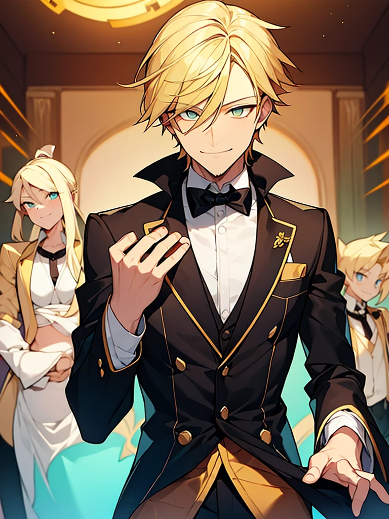 A boy, blond, with vibrant amber eyes, having a thin beard, a sarcastic smiling woman, wearing clothes, having a somewhat formal style exotic and creative anime. he is moving a coin. Elegant and at the same time a con artist. He's in a kind of old anime style city.