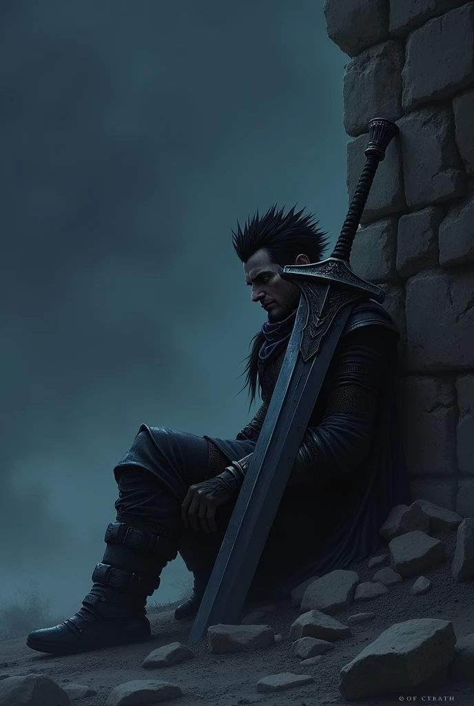 Create an image with a guy sitting on the floor with spiky hair and leaning against a broken wall. He has a sword leaning against his shoulder that is bigger than him and is also wearing black clothing that looks like armor. He is facing forward. He has no beard and his left eye is injured so the eye is closed. The weather is night.