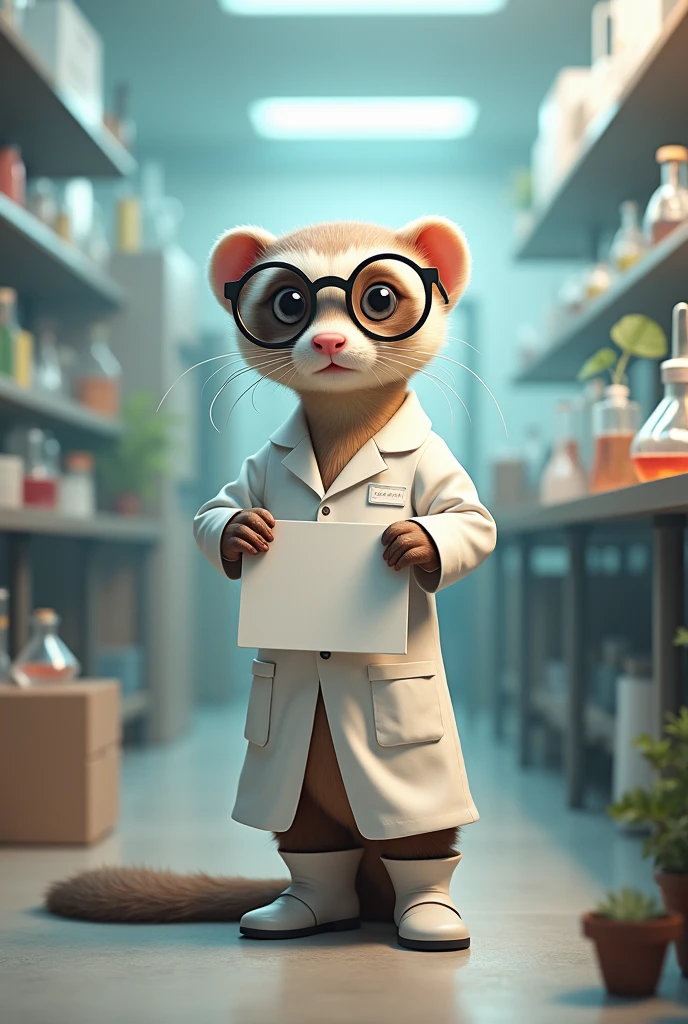 Ferret in a white coat, boots, lab glasses with a whiteboard indicator in his hand