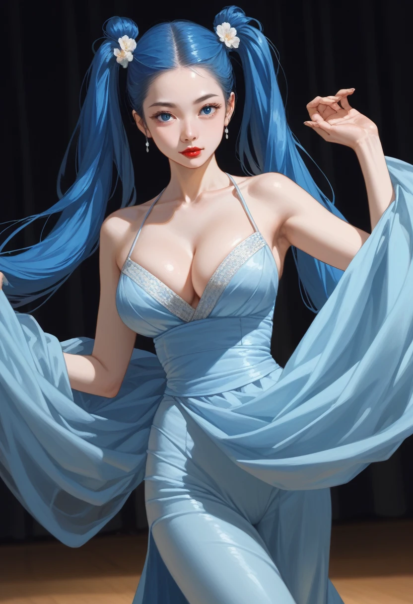 One girl, solo, side top double tails, very long twin tails, blue hair, staring at you, bright blue eyes, blue pupils, red lips, large breasts, ball shaped breasts, cleavage, tight waist, gentle face, beautiful Japanese woman, five fingers, reality, ballroom dancing