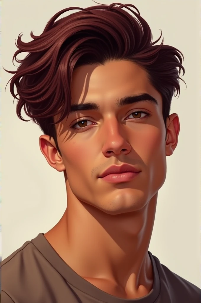 Create a realistic illustration of a young man, that has tanned skin, cinnamon colour, with marked features, defined jaw, medium length hair to the ears, Burgundy hairstyle and color, Full lips and flirtatious smile