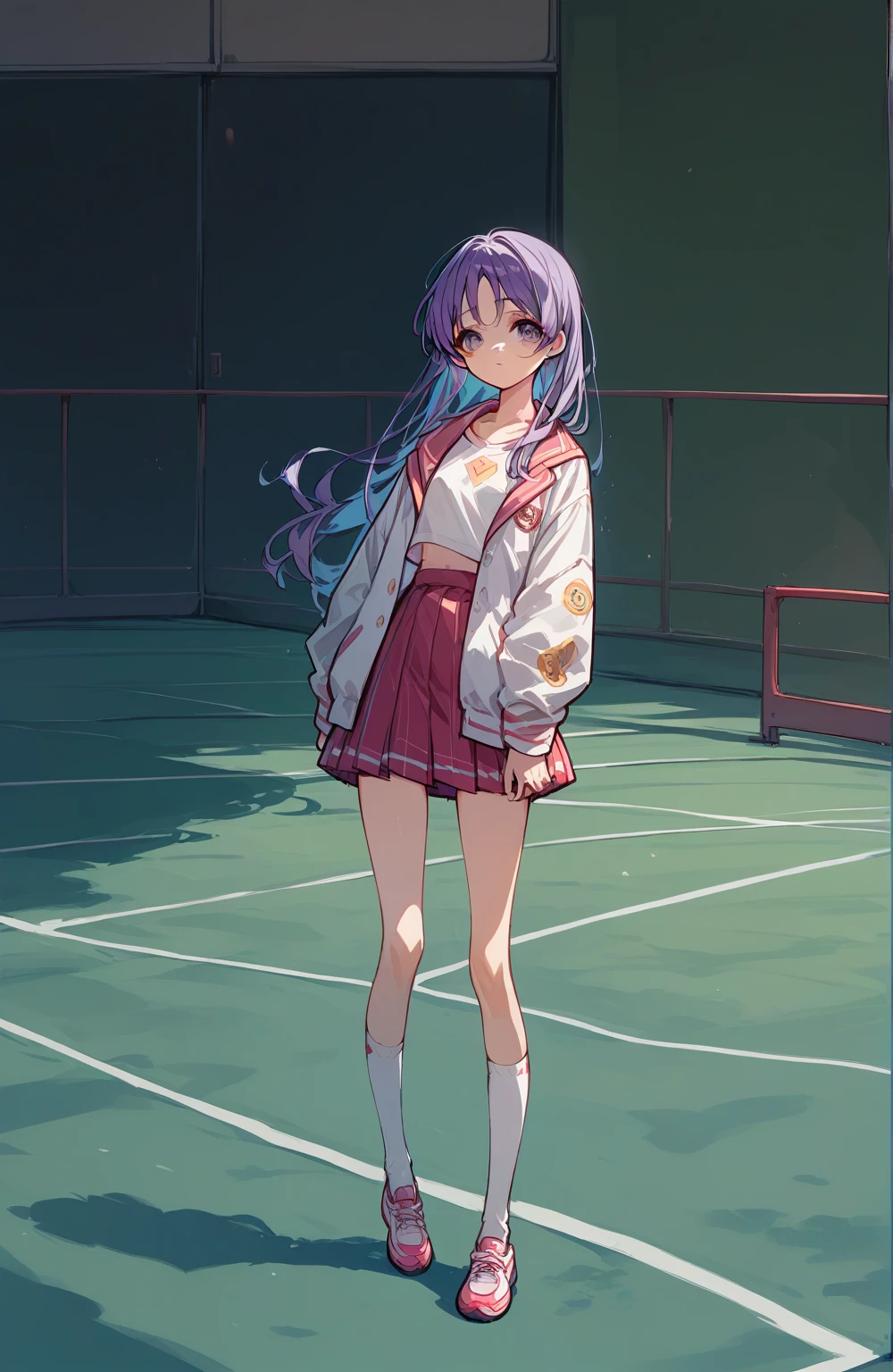A cel-shaded anime,raffed Asian Girl with a jacket and socks posing on a tennis court, a Surreal school girl, High school girl posing, Surreal school girl, Young and skinny gravure idol, Young Sensual Gravure Idol, Asian Girl, Very beautiful girl, Cute school girl, Young and cute gravure idol, Real young gravure idol, beautiful asian