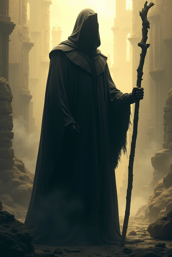 Silhouette of a man dressed in a robe holding a staff, background with suggestions of different eras