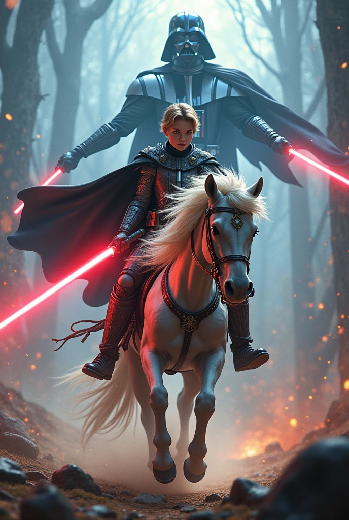 Mordecai riding a pony while shooting laser beams at Dark Vader