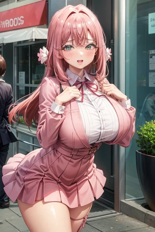 Make a busty woman in a pink dress