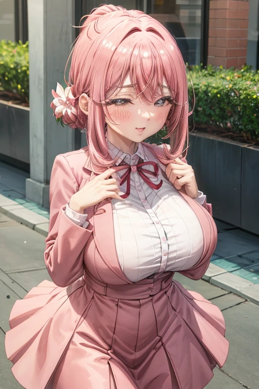 Make a busty woman in a pink dress