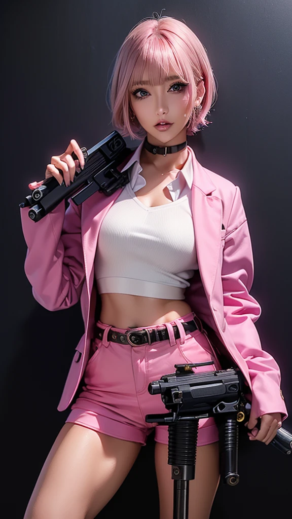 (Highest quality), Realistic, (live-action),(Short Hair,Sharp bangs)Showing off your crotch,Highest quality,Highest quality,8k images,Pink Hair,High heels,school uniform,(破れたschool uniform)Small face,((Big Breasts))Open legs and show panties,1 gun,(((Holding a gun,Hold the gun you have:1.4))),