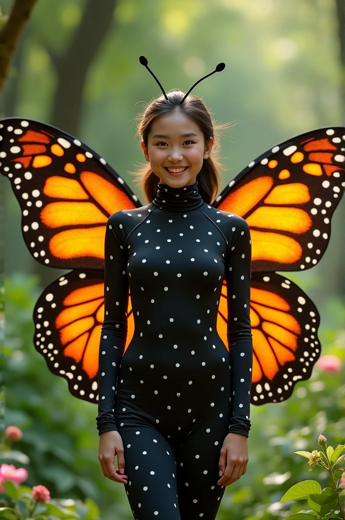The beautiful asian teenager girl with beautiful cheeks wears black beautiful butterfly lycra turtleneck unitard catsuit covered with white seamless polkadots with a pair of large orange butterfly wings and lycra elastane dancewear hood with antennae.She is happy in the garden.