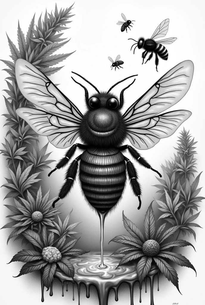 uma abelha,hand drawn illustration,Line,black and white color scheme,8Kpor Anna Dittmann, an ultra-realistic cannabis background with hyperdetailing, ral-lava, Swarm of bees, bee flying,beehive,big bee wings, fantastic honey bee rain, be everywhere,thick honey dripping photo,bright scenery bright bee bright energy