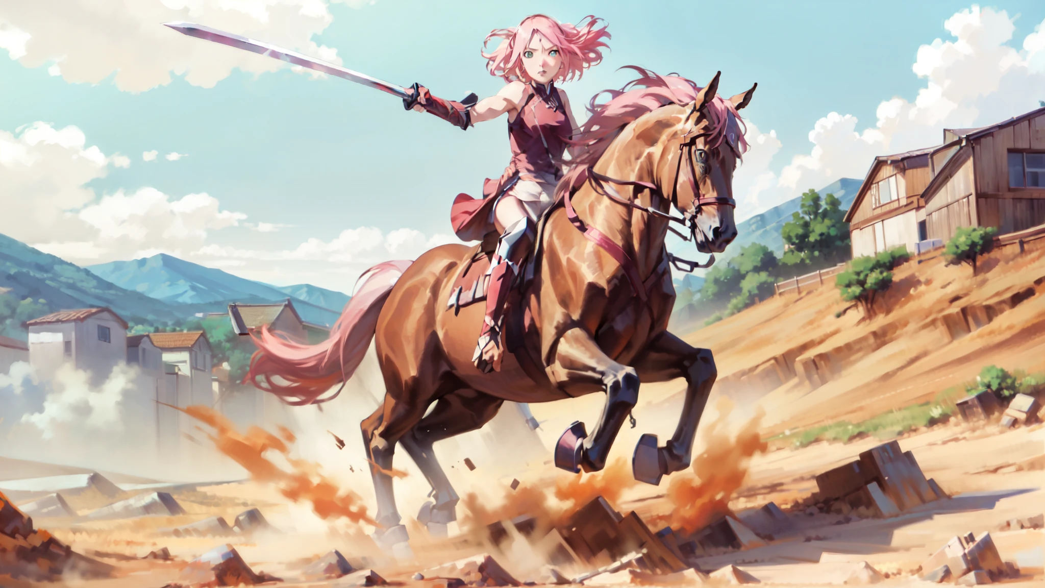 ((best quality)), ((anime masterpiece)), (high detailed), 8k, cinematic lighting, anime screencap, HDR, vivid color, sakura haruno riding a BROWN HORSE, (haruno sakura, medium hair, {pink hair}, medium breast, cleavage), determined face, (red armor, red gauntlet, red miniskirt, red boots), holding a sword, mountains, outdoor, open field, ((from side: 1.2)), anatomically correct
