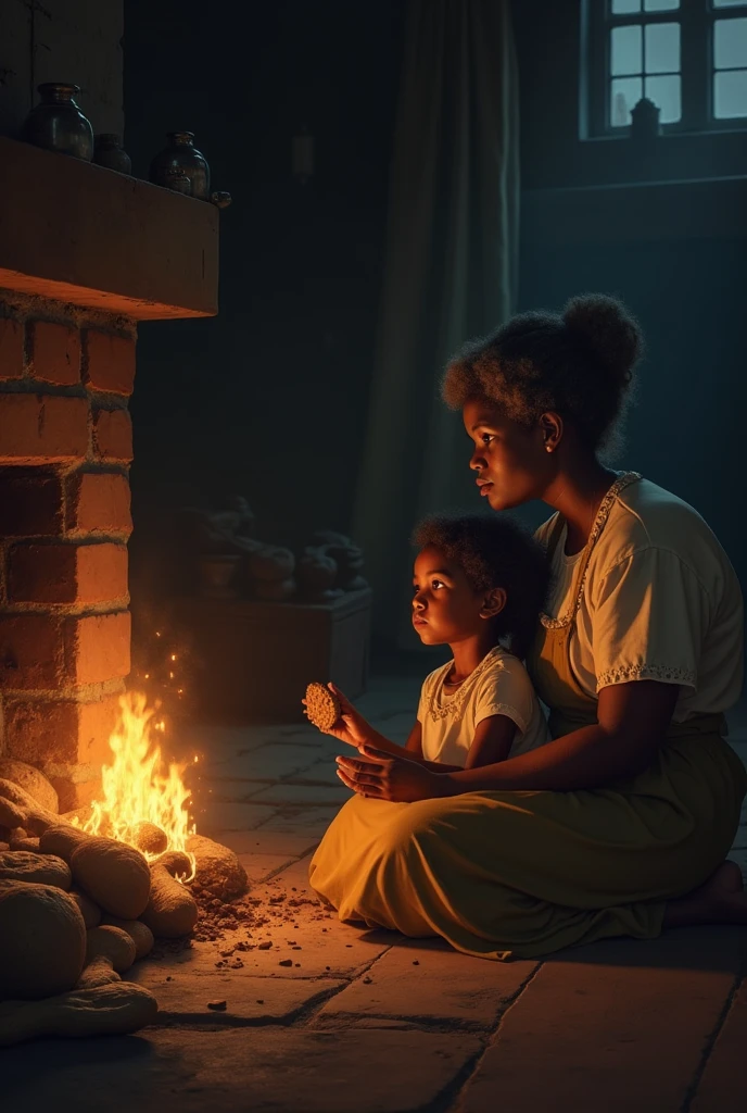 A warm and tender moment between a girl (the narrator) and his maternal grandmother. the grandmother, a strong and resilient figure, She is kneeling by a fireplace late at night, baking cookies. The firelight softly illuminates the room, projecting warm tones on their faces. The girl, sitting next to him, He looks at his grandmother with admiration and love, holding a piece of a freshly baked cookie. In the background, You can feel the fatigue and hard work, perhaps with the faint outline of the rest of the house in the dark, indicating the late hour. The atmosphere should evoke feelings of both warmth and sadness., highlighting the grandmother's strength and hope despite the heavy burden of slavery.
This image would capture both love and resilience in the face of adversity., which is a central theme in those who are under slavery