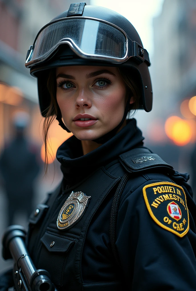 police officer in special forces uniform, elle fanning, riot scene, detailed face, beautiful detailed eyes, beautiful detailed lips, extremely detailed face and eyes, long eyelashes, high contrast lighting, cinematic composition, dramatic lighting, vibrant colors, gritty urban environment, detailed police uniform, realistic textures, (best quality,4k,8k,highres,masterpiece:1.2),ultra-detailed,(realistic,photorealistic,photo-realistic:1.37)