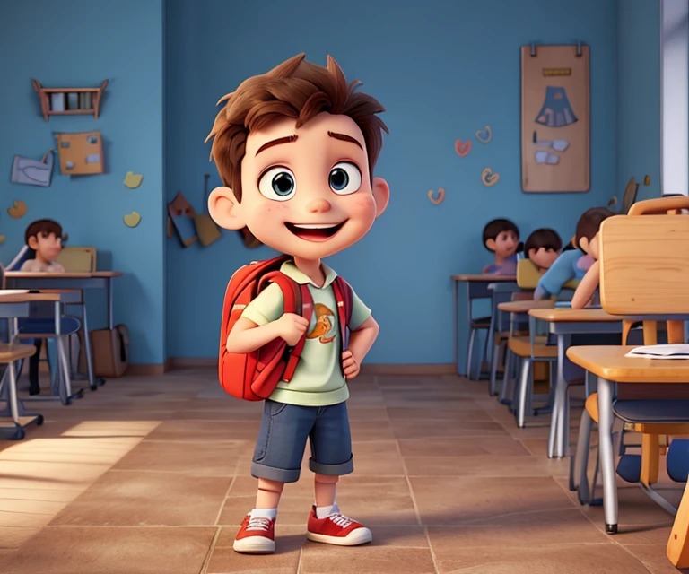 a cartoon boy is on a case book cover with backpack and backpack raising his fist, happy ???, by Abidin Dino, cute cartoon character, cartoon artstyle, with a backpack, [ digital art ]!!, he is very happy, cartoon style illustration, with a happy expression, children illustration, cartoon illustration, ???, cel shaded vector art, cartoon image, exciting illustration, animation character, student