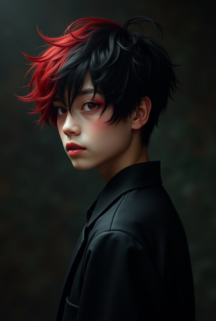 1boy, Black Red Mix Hair, red eyes, dark background, Dim lighting, Turning your back to the camera, looking at viewer , masterpiece