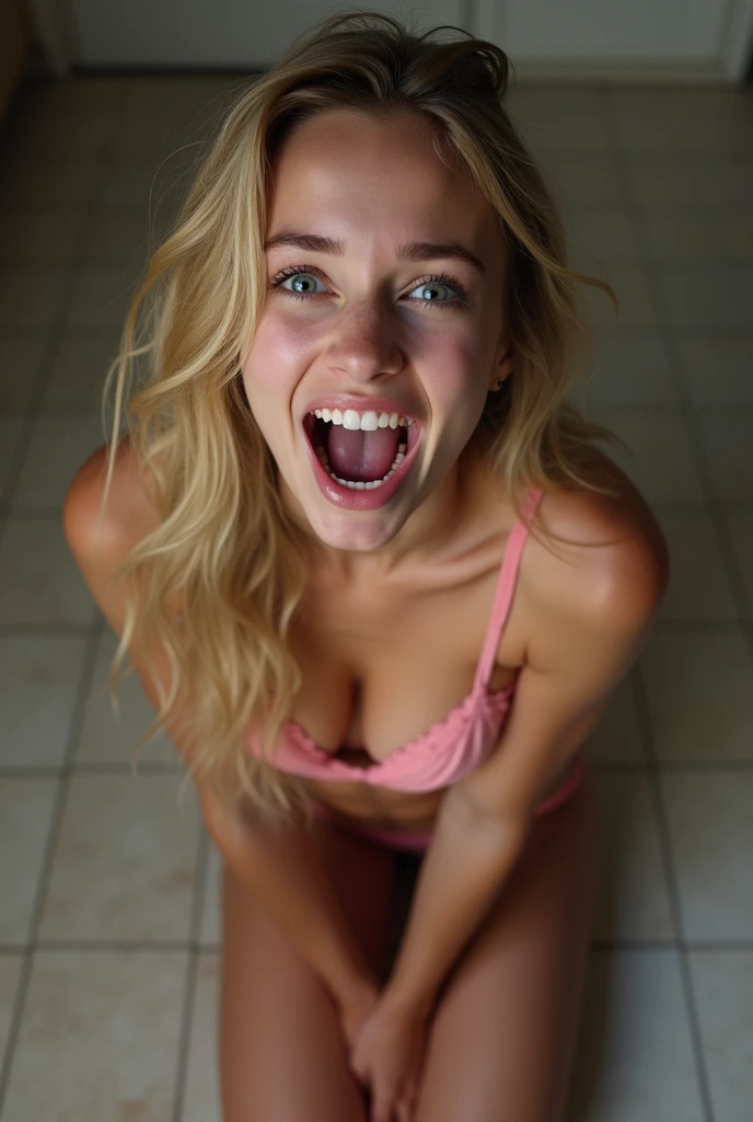 female white , mouth very wide open and smiling, eyes wide open in a crazed look, long hair, wearing pink lace lingerie, extreme skin detail, ultra realistic, 8k, wallpaper, kneeling on floor, viewed from above
